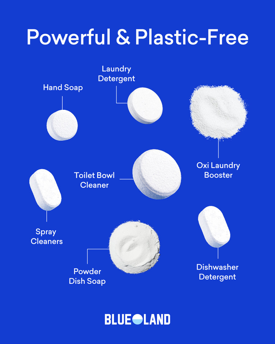 Hand holding a Blueland cleaning tablet above a refillable bottle